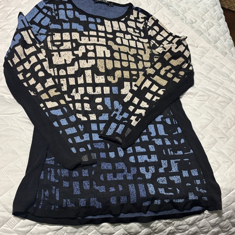 NIC+ZOE Black, Blue and Cream Grid-Pattern Crewneck Sweater